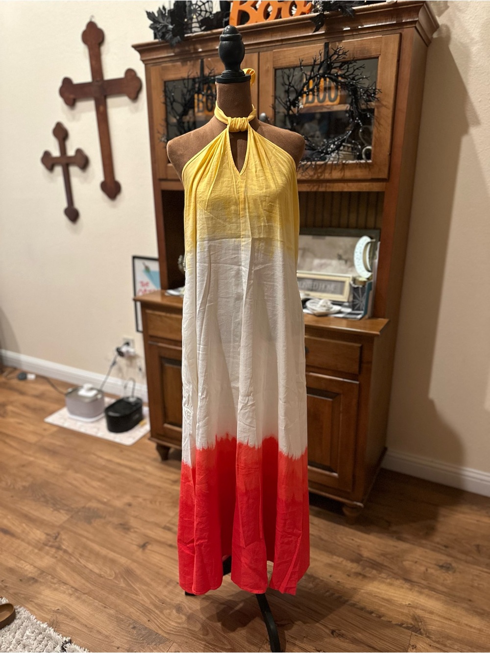 INC International Concepts Yellow White Red Ombre Halter Maxi Dress